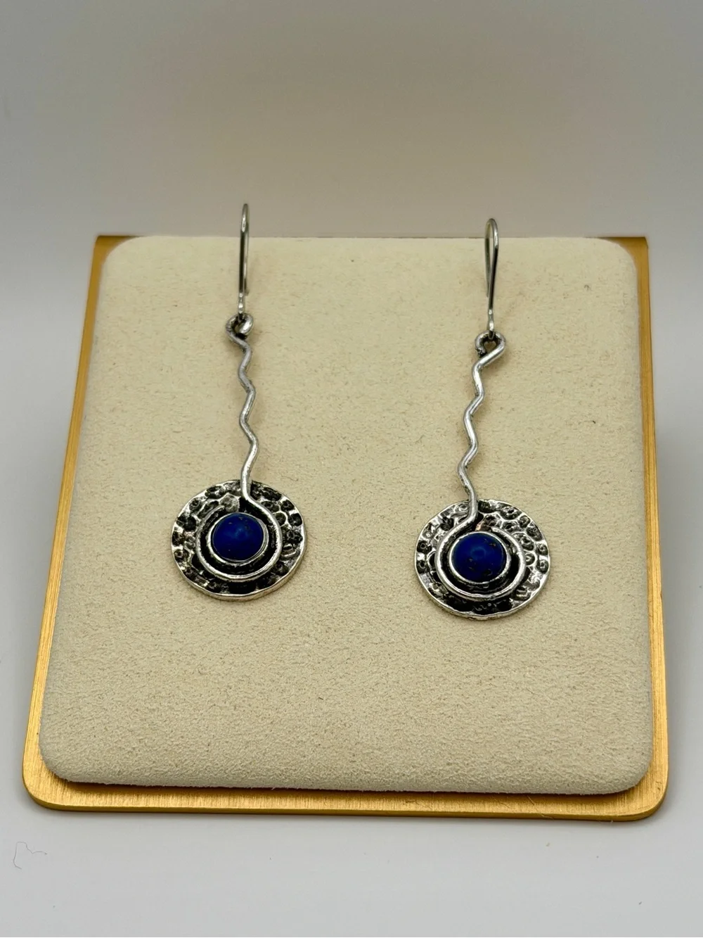 Artisan Sterling Silver Lapis Lazuli Wavy Drop Hammered Disc Dangle Earrings